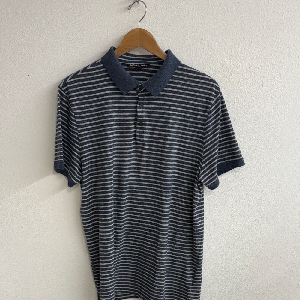 Michael Kors Navy and Gray Striped Polo Shirt